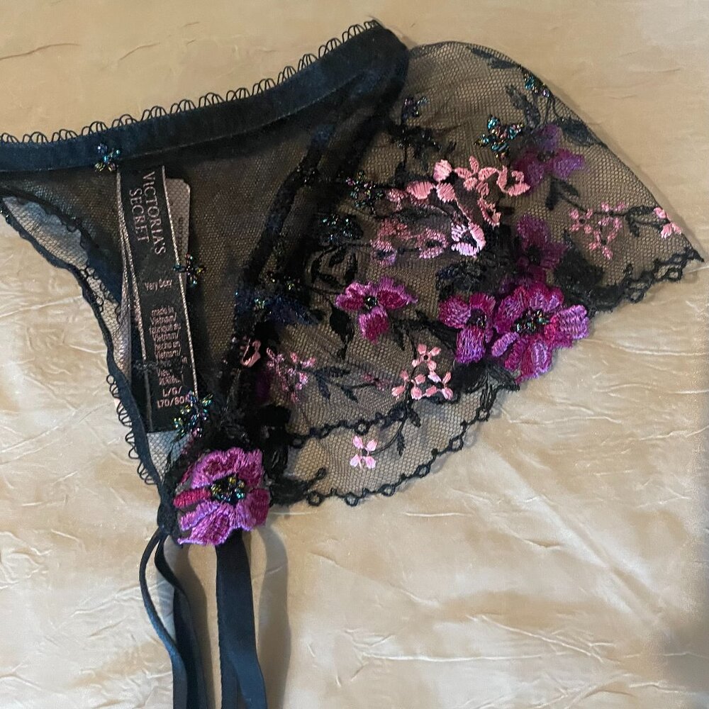 Victoria's Secret Embroidered Black Garter Belt with Purple & Pink Accents - Picture 4 of 10